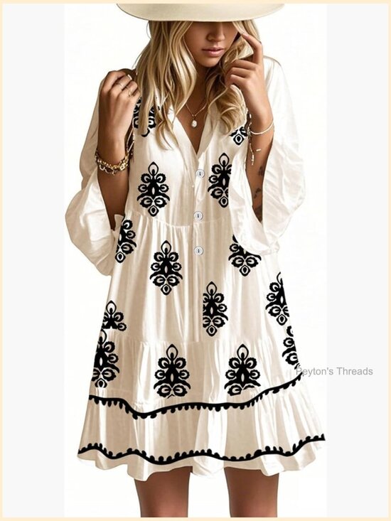 Dresses & Skirts - Flowy Ruffle 3/4 Sleeve V Neck Tiered Casual Babydoll Boho Beach Mini Dress